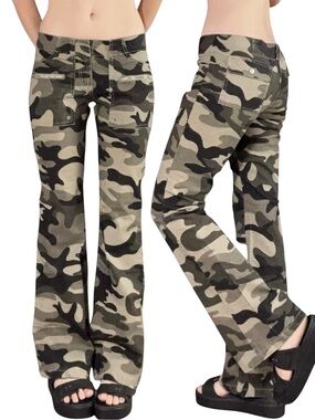 Younique | Vintage Y2K Green Camo Print Low Rise Flare Pants
